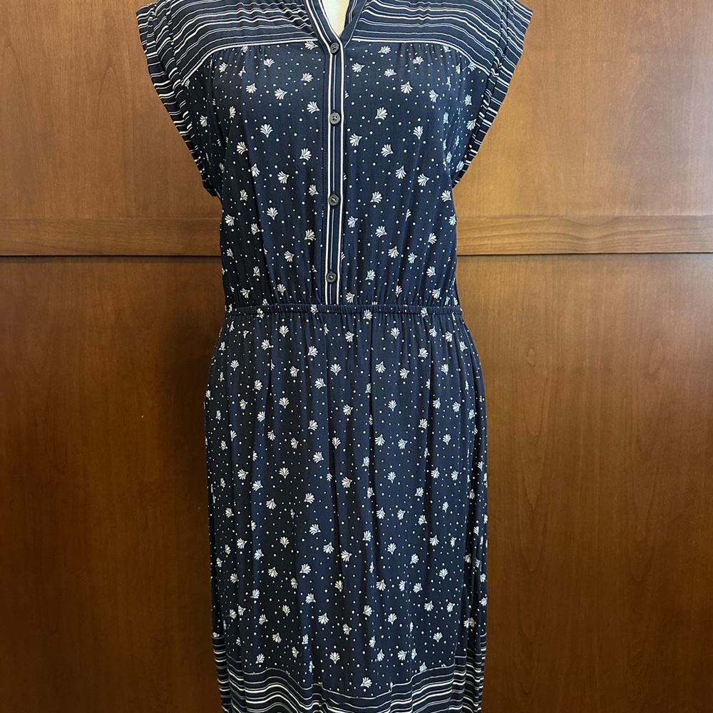 LOFT Navy Blue White Print Dress